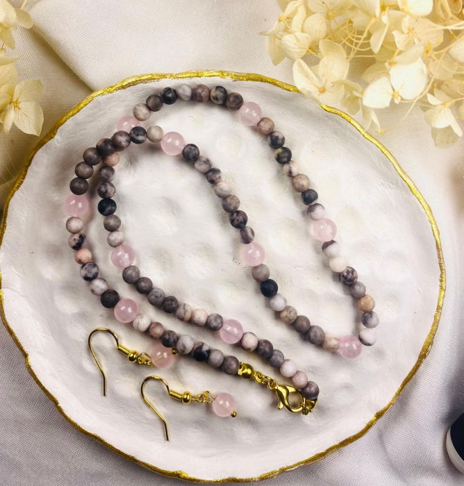 Set de colier si cercei din pietre naturale de  jasp zebra roz și cuart roz [1]