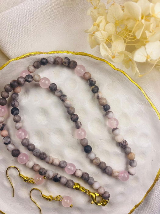 Set de colier si cercei din pietre naturale de  jasp zebra roz și cuart roz [2]