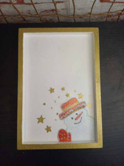 Set decorativ  Craciun - lumanare din ceara de soia si suport dreptungiular din ceramica alb auriu [5]