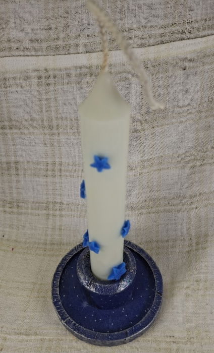 Set decorativ de Craciun - 'Blue Stars' - lumanare plus suport din ceramica pictat manual [5]