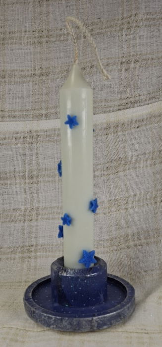 Set decorativ de Craciun - 'Blue Stars' - lumanare plus suport din ceramica pictat manual [6]