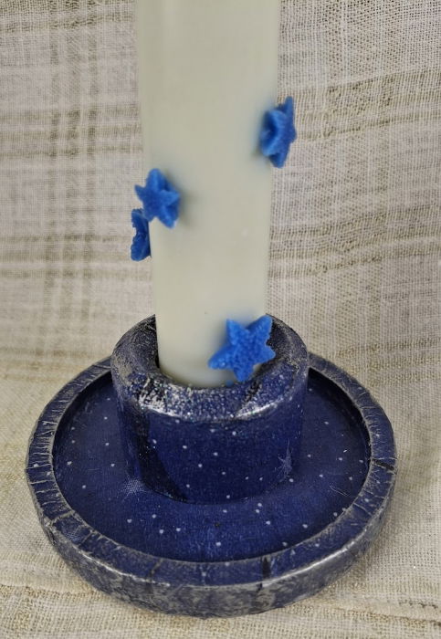 Set decorativ de Craciun - 'Blue Stars' - lumanare plus suport din ceramica pictat manual [2]