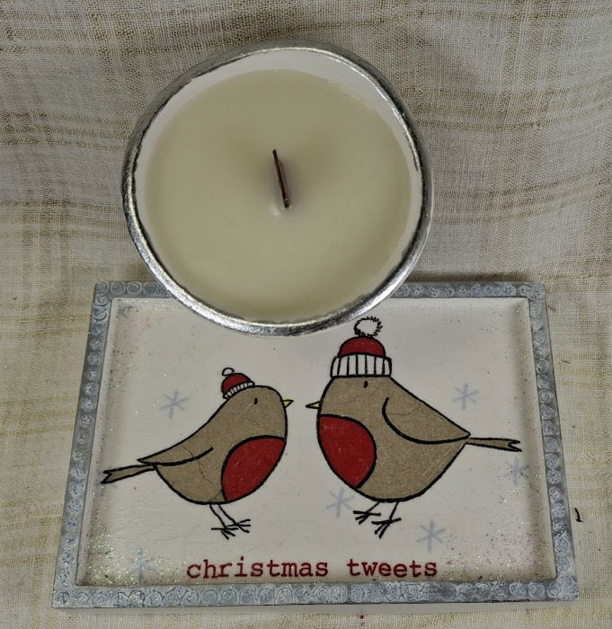 Set decorativ de Craciun - 'Christmas Tweets' - lumanare plus suport din ceramica pictat manual [1]