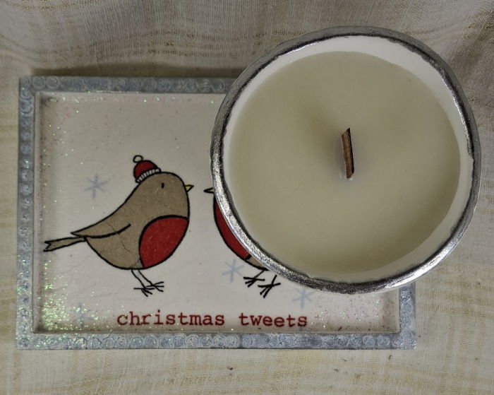 Set decorativ de Craciun - 'Christmas Tweets' - lumanare plus suport din ceramica pictat manual [8]