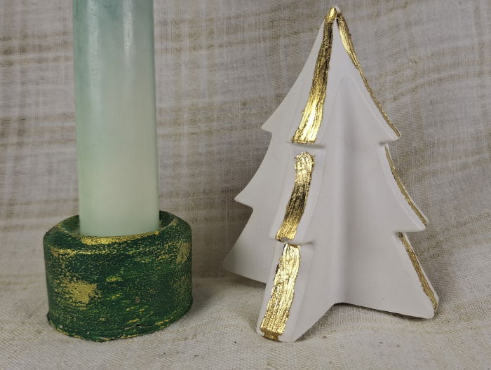 Set decorativ de Craciun - 'Long Candle 1' - lumanare plus suport din ceramica pictat manual [6]