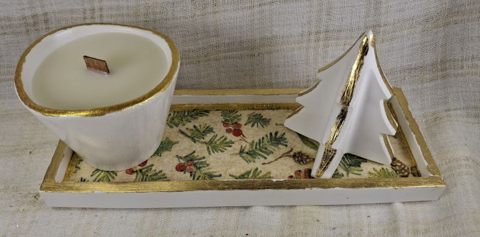 Set decorativ de Craciun - lumanare alba din ceara de soia plus suport din ceramica handmade [2]