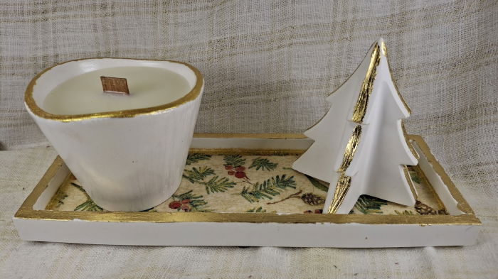 Set decorativ de Craciun - lumanare alba din ceara de soia plus suport din ceramica handmade [7]