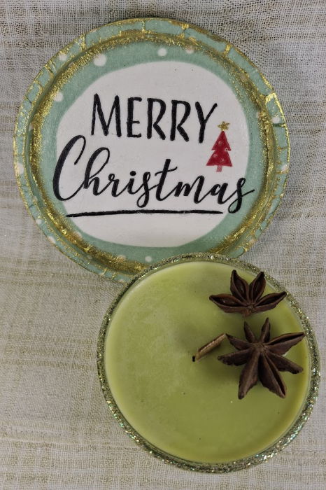 Set decorativ de Craciun - 'Merry Christmas' - lumanare plus suport din ceramica pictat manual [9]