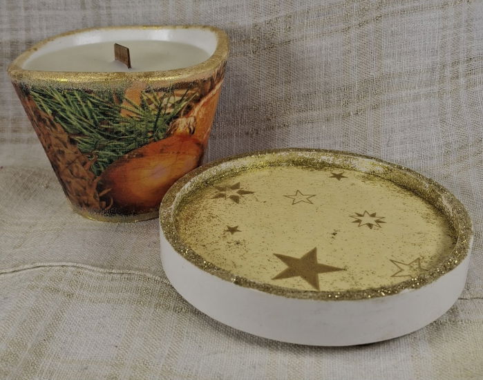 Set decorativ de Craciun - 'Orange Stars' - lumanare plus suport din ceramica pictat manual [2]