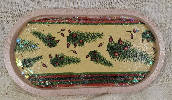 Set decorativ de Craciun - 'Red Gold & Green' - lumanare plus suport din ceramica pictat manual [11]