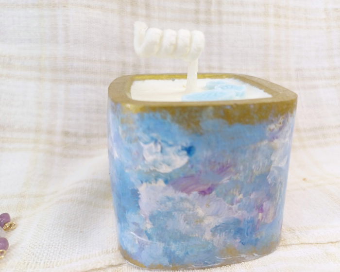 Set decorativ - lumanare si suport-farfurie patrat, albastru/auriu [8]