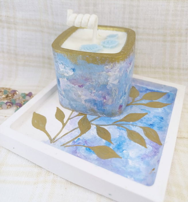 Set decorativ - lumanare si suport-farfurie patrat, albastru/auriu [2]