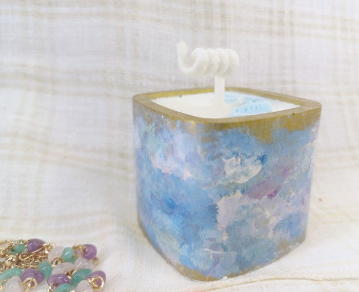 Set decorativ - lumanare si suport-farfurie patrat, albastru/auriu [6]