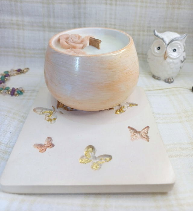 Set decorativ -  lumanare in recipient  rotund plus coaster din ceramica. [2]