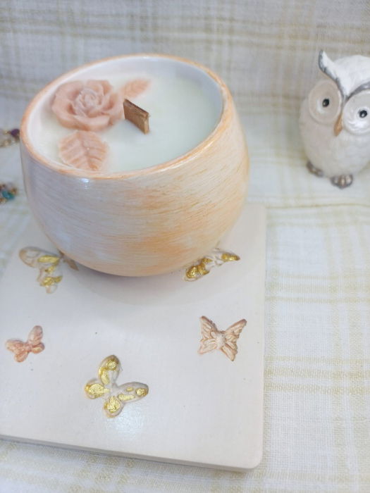 Set decorativ -  lumanare in recipient  rotund plus coaster din ceramica. [7]