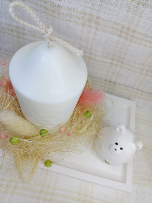 Set lumanare cilindrica din ceara de soia, suport - farfurie dreptunghiular din ceramica si ursulet din ceramica [4]