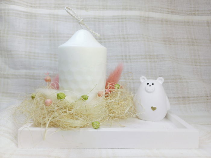 Set lumanare cilindrica din ceara de soia, suport - farfurie dreptunghiular din ceramica si ursulet din ceramica [2]