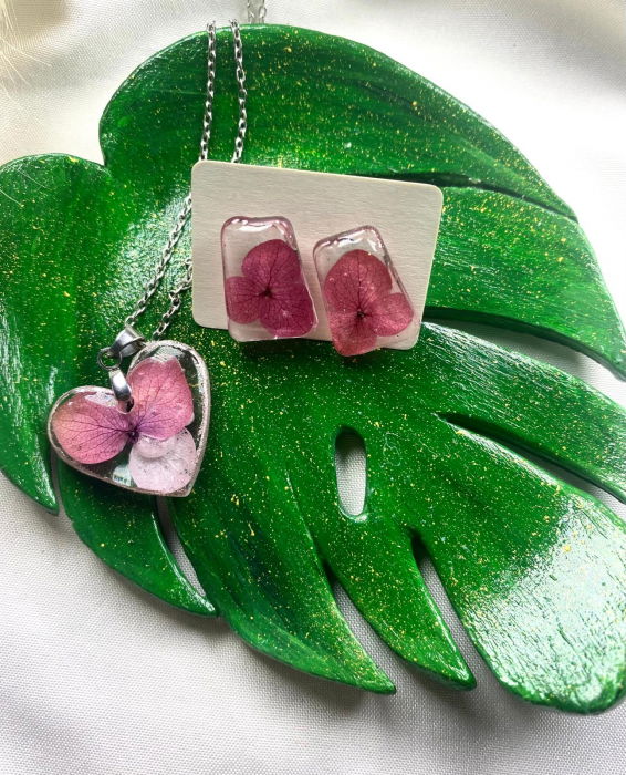 Set lanțisor și cercei  'hortensie roz' [2]