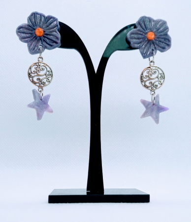 Cercei handmade - Cercei mov flori si stele