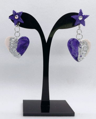 Cercei handmade - Cercei inimioare cu stelute mov