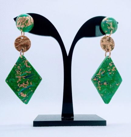Cercei handmade - Cercei romb verde-auriu