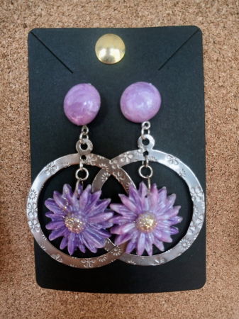 Cercei handmade - Cercei  flori mov-argintiu, accesorii din otel inoxidabil