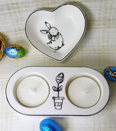 Farfurie alba cu iepuras si lumanari gemene în suport ceramic realizat manual [3]