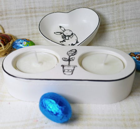 Farfurie alba cu iepuras si lumanari gemene în suport ceramic realizat manual [8]