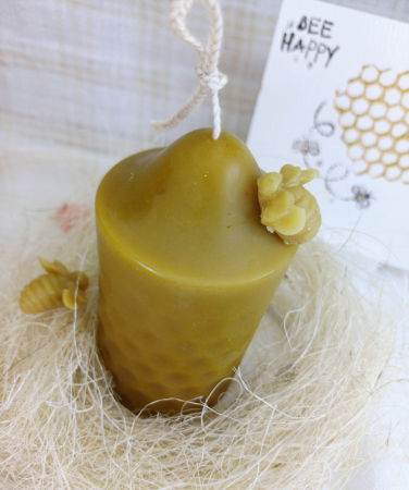 Set decorativ format dintr-o lumanare din ceară de albine si un suport - farfurie rotund din ceramică albă, [4]