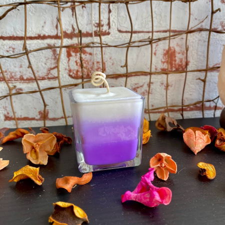 Lumanare parfumata trei culori in pahar de sticla patrat - mov [2]