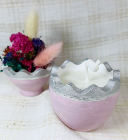 Ou roz/argintiu din ceramica handmade + lumanare alba de ceara de soia [7]