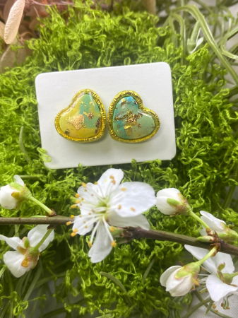 Cercei handmade - Inimoare galben albastre verde