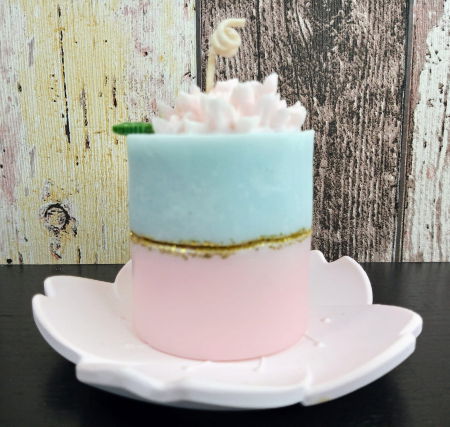 Lumanare parfumata roz - bleu + suport floare din ceramica handmade [3]