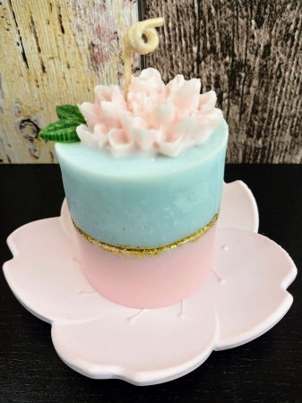 Lumanare parfumata roz - bleu + suport floare din ceramica handmade [4]