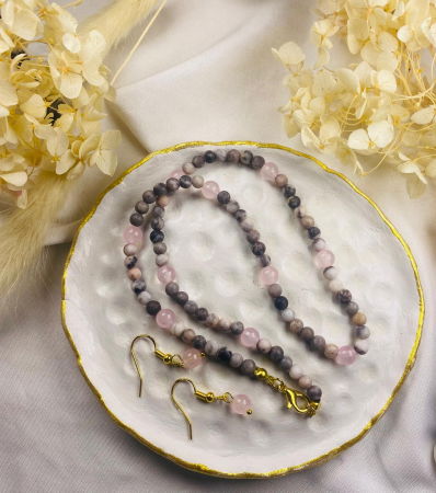 Set de colier si cercei din pietre naturale de  jasp zebra roz și cuart roz [5]