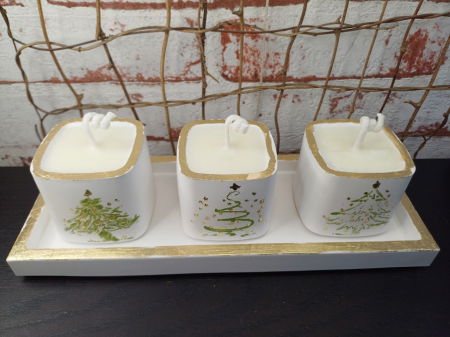 Set decorativ - trei lumanari din ceara de soia turnate in pahare de ceramica plus suport dreptunghiular din ceramica. [14]