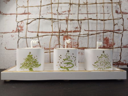 Set decorativ - trei lumanari din ceara de soia turnate in pahare de ceramica plus suport dreptunghiular din ceramica. [1]