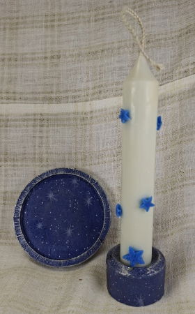 Lumanari - Set decorativ de Craciun - 'Blue Stars' - lumanare plus suport din ceramica pictat manual