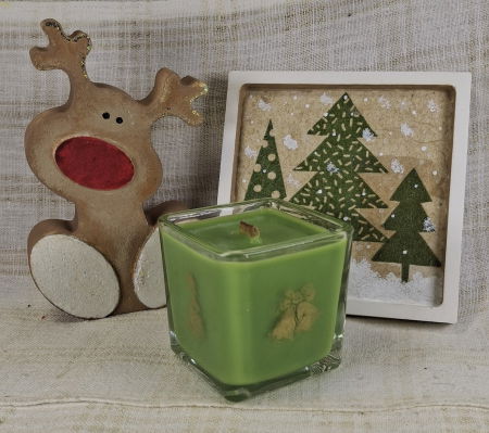 In recipient din sticla - Set decorativ de Craciun - 'Brad & Rudolph' - lumanare plus suport din ceramica pictat manual