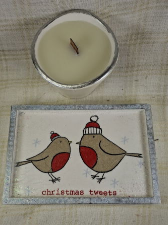 Set decorativ de Craciun - 'Christmas Tweets' - lumanare plus suport din ceramica pictat manual [1]