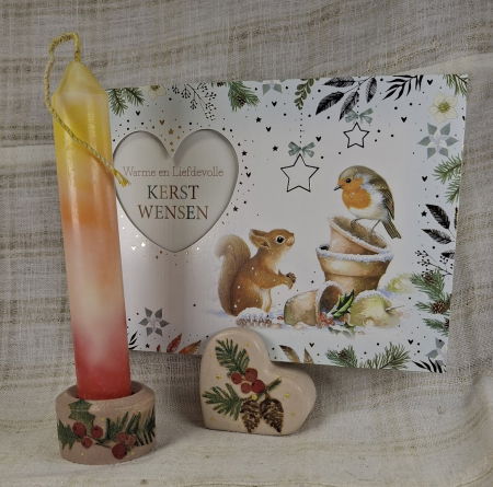 Set decorativ de Craciun - 'Long Candle 2' - lumanare plus suport din ceramica pictat manual