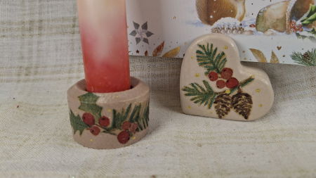 Set decorativ de Craciun - 'Long Candle 2' - lumanare plus suport din ceramica pictat manual [3]