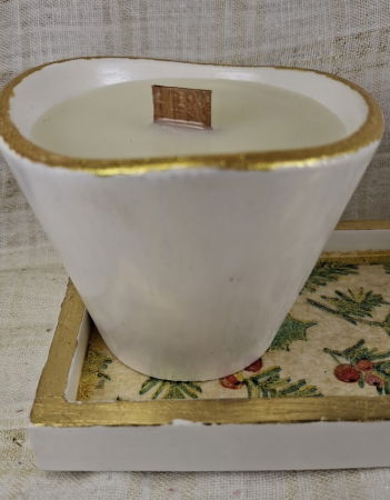 Set decorativ de Craciun - lumanare alba din ceara de soia plus suport din ceramica handmade [3]