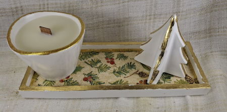 Set decorativ de Craciun - lumanare alba din ceara de soia plus suport din ceramica handmade [1]