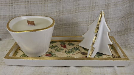 Set decorativ de Craciun - lumanare alba din ceara de soia plus suport din ceramica handmade [6]