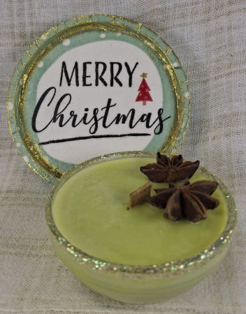 In recipient din sticla - Set decorativ de Craciun - 'Merry Christmas' - lumanare plus suport din ceramica pictat manual