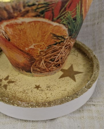 Set decorativ de Craciun - 'Orange Stars' - lumanare plus suport din ceramica pictat manual [9]