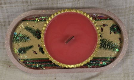 Set decorativ de Craciun - 'Red Gold & Green' - lumanare plus suport din ceramica pictat manual [3]