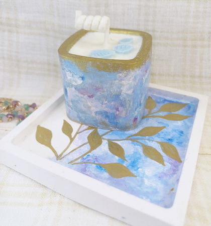 Set decorativ - lumanare si suport-farfurie patrat, albastru/auriu [1]
