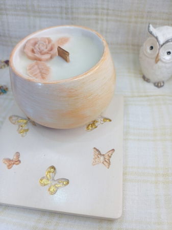 Set decorativ -  lumanare in recipient  rotund plus coaster din ceramica. [6]